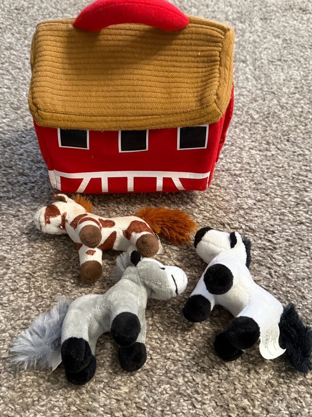 Plush Barn & Three Small Stuffed Horses